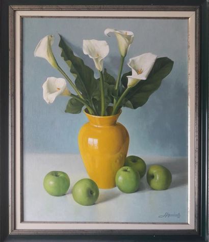 null Henri IZQUIERDO (né en 1926) "Arums et pommes" Huile sur toile signée en bas...