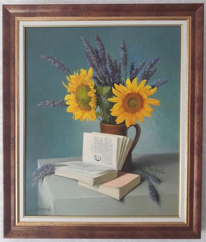 null Henri IZQUIERDO (né en 1926) "Tournesols et livre" Huile sur toile signée en...