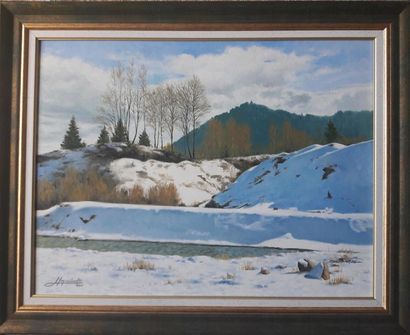 null Henri IZQUIERDO (né en 1926) "Soleil sur la neige" Huile sur toile signée en...