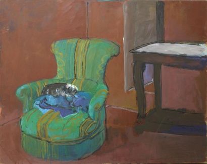 null Jean LANGLOIS (8 mars 1923-15 janvier 2014) « Un chat couché sur un tissu bleu...