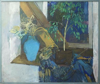 null Jean LANGLOIS (8 mars 1923-15 janvier 2014) « Poterie bleue et feuillages, plante...