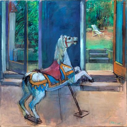 null Jean LANGLOIS (8 mars 1923-15 janvier 2014) « Cheval de bois sur fonds de paysage,...