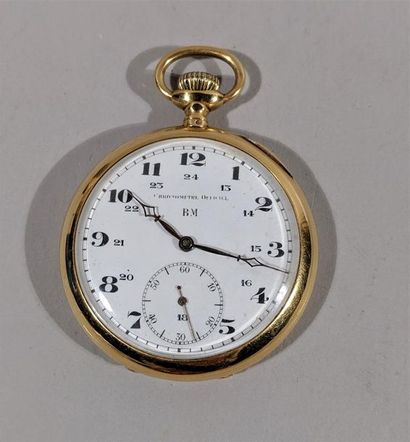 null Montre de gousset en or jaune 18K (750/oo), cadran rond à fond émaillé blanc...