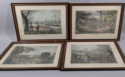 null Quatre gravures anglaises en couleur représentant une scène de chasse à cou...