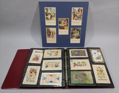null Album de 171 cartes postales anciennes en couleur, certaines rebrodées et feuille...