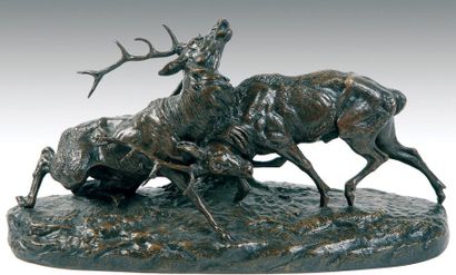 Clovis-Edmond Masson (1838 - 1913) Combat de cerfs (vers 1883) Bronze à patine brune....