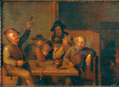 École Flamande du XVIIIe siècle Scène de taverne Huile sur toile (rest.), 23 x 32...