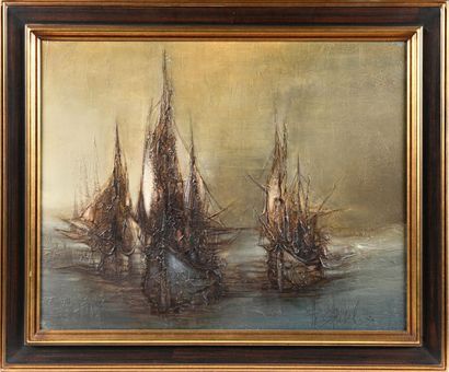null Philippe GRISEL (1930-1998) "Le retour de pêche" Huile sur toile signée en bas...