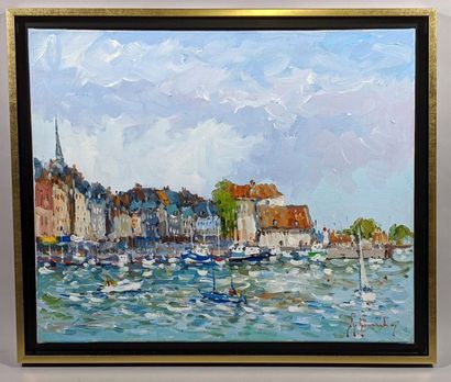 null Guy LEGENDRE (né en 1946) "Honfleur le port" Huile sur toile signée en bas à...
