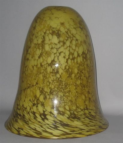 null Large glass tulip suspension with white speckled decoration on a golden yellow...