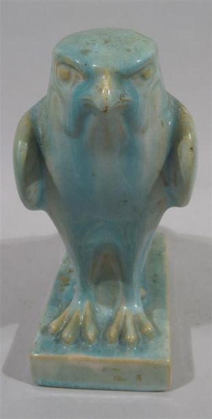 null Blue glazed terracotta falcon with white and yellow streaks - Embossed under...