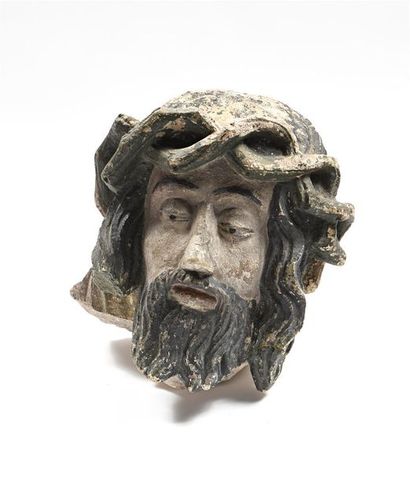 null "Tête de Christ à la couronne d'épines" Sculpture en pierre calcaire, rehaussée...