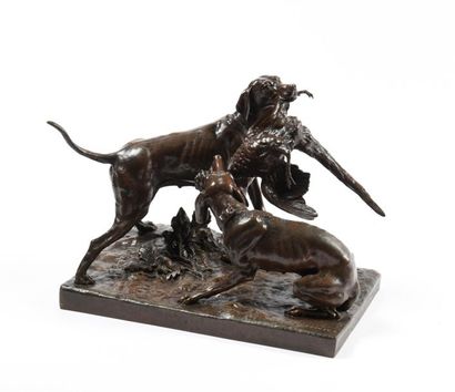 null Georges DE FERRIERES (1837-1893/1907) "Deux chiens se disputant un faisan" Bronze...