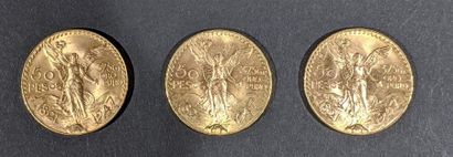 null Three pieces of 50 gold pesos Mexico - Total weight: 125.3 g Not presented at...
