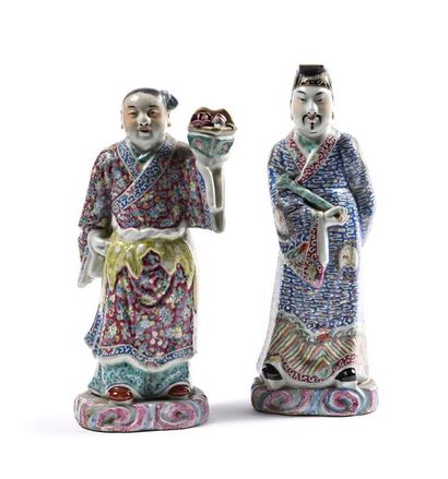 null Two statuettes of characters in polychrome porcelain China, 20th century Represented...