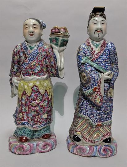 null Two statuettes of characters in polychrome porcelain China, 20th century Represented...