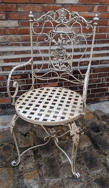 null White lacquered wrought iron garden armchair with openwork decoration of flowers...