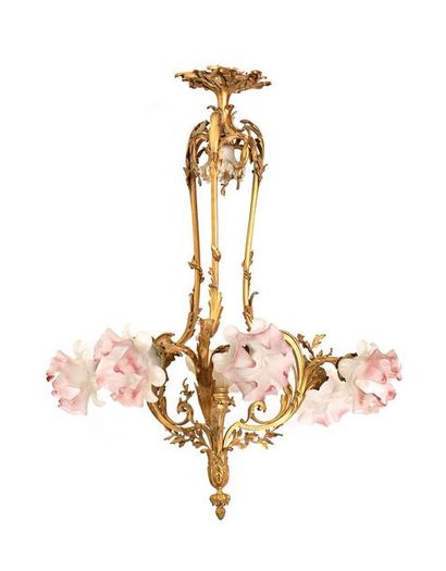 null Gilded bronze chandelier with six arms of lights decorated with acanthus scrolls...