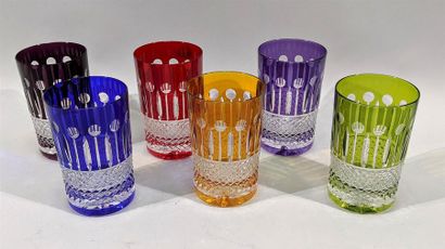 null CRISTALLERIE DE LORRAINE Set of six coloured moulded crystal water glasses decorated...