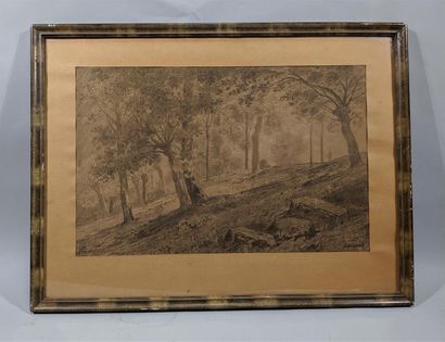 null Maxime LALANNE (1827-1886) "La Forêt de Fontainebleau" Dessin au crayon et à...