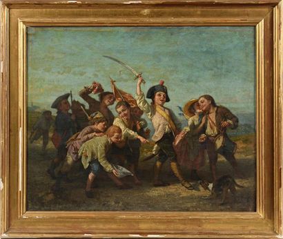 null Germain PAGET (1817-1884) "Young revolutionaries marching and playing" Oil on...