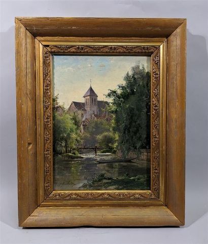 null Eugène BERTHELON (1830-1914) "View of the church of Montigny sur Loing" Oil...