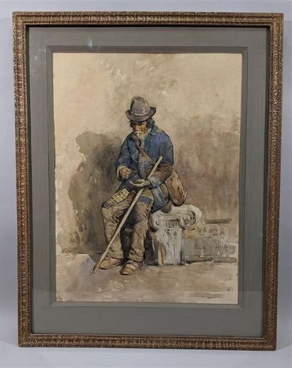null Giuseppe RIVA (1834-1916) "Vieil homme assis sur un chapiteau dorique recomptant...