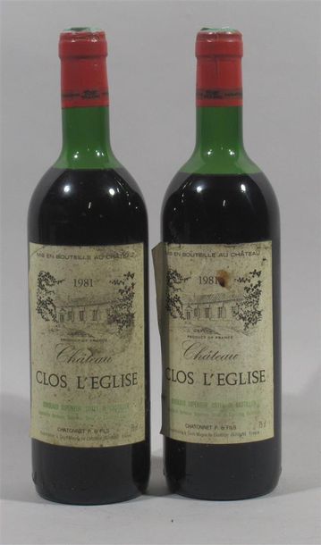null 2 Bouteilles de CHATEAU CLOS L'EGLISE Côtes de Castillon 1981 Niveau bas 