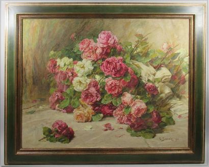 null Georges JEANNIN (1841-1925) "Brassées de roses sur un entablement" Huile sur...