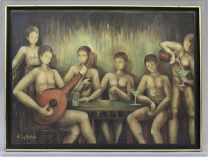 null Guy MARCHAND (XX) "Les musiciens au banquet" Huile sur toile signée en bas à...