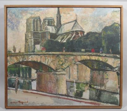 null Ondine MAGNARD (1904-1968) "Le Pont Neuf et Notre-Dame à Paris" Huile sur toile...