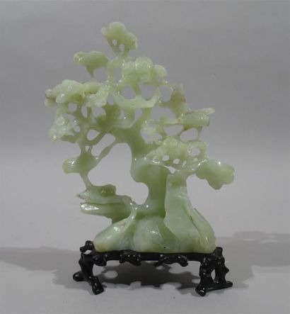 null Bonzaï en jade clair sculpté imitant un Pin des Bouddhistes sculpté - Sur socle...