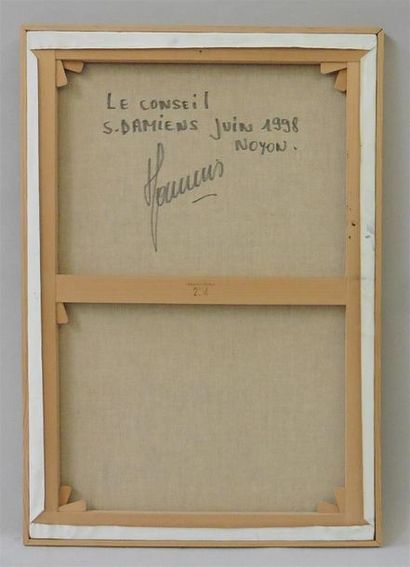 null Serge DAMIENS (25 décembre 1954)
« Le Conseil »
Huile sur toile signée en bas...
