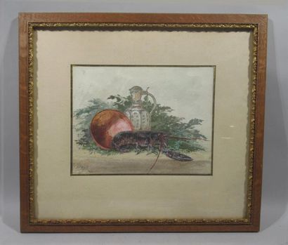 null A. VIVIEN (XIXe siècle) 
"Nature morte au homard" 
Aquarelle sur papier signée...