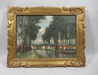 null Charles HOUBEN (1871-1931) 
"Canal dans le Tournaisis" 
Huile sur panneau signée...