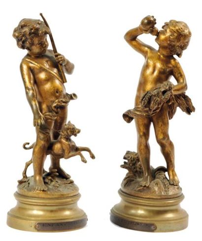 Auguste MOREAU Enfant chasseur et enfant moissonneur Deux bronzes Haut.: 24 cm