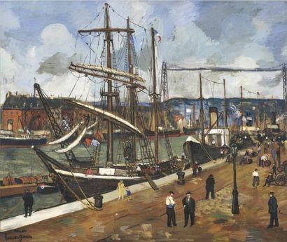 Lucien GENIN (1894-1953) Le port de Rouen Gouache signée en bas à gauche 49 x 59...
