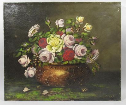 null DEILYS (XXe) 
"Bouquet de roses dans une jardinière en cuivre jaune"
Huile sur...