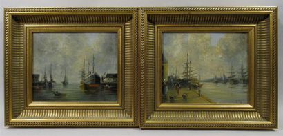 null HENRY (XIXth) "Boats moored in the harbour" Suite of two oils on panel signed...