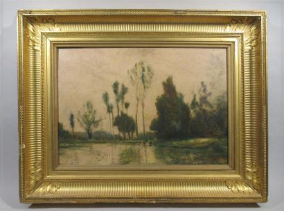null FRENCH school of the XIXth century in the taste of COROT
"Paysage lacustre"
Oil...
