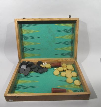null Wooden game board forming a box for playing Queen and inside Backgammon, with...