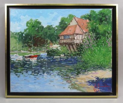 null Guy LEGENDRE (né en 1946) 
" Le moulin de Vernon" 
Huile sur toile signée en...