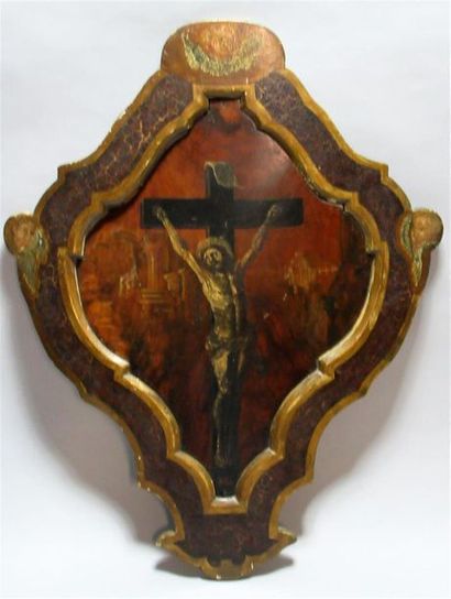 null Ecole italienne du XVIIeme siècle
"Christ en croix sur fond de paysage"
Huile...