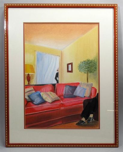 null Roger van der Ril ? (XX) 
"Le canapé rouge" 
Pastel sur papier signé en bas...