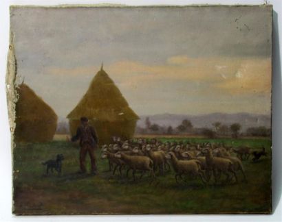 null A. MANTELET (XIX-XX)
Berger guidant son troupeau de moutons
Huile sur toile...