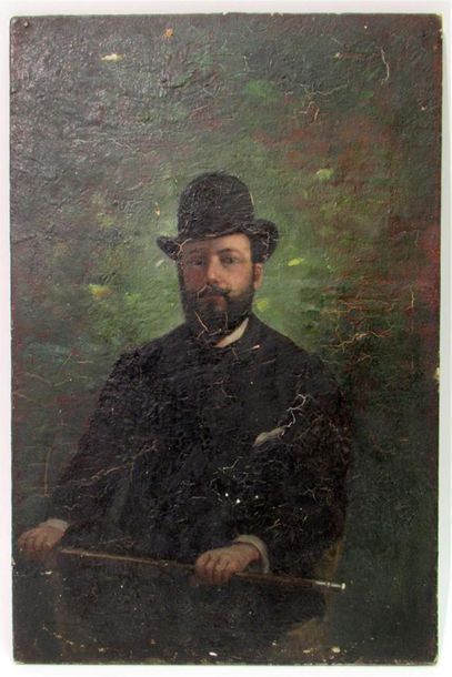null Ecole FRANCAISE du XIXeme 
"Portrait d'homme au chapeau melon"
Huile sur panneau...