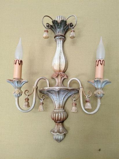 null Chandelier with six light arms AND ITS PAIR OF TWO-LIGHT APPLICATIONS in patinated...