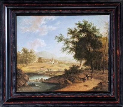 null J. AROUET (XIX)
Voyageurs dans un paysage ou La Fuite en Egypte
Huile sur toile,...