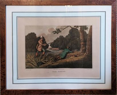 null Lot de gravures en couleurs : "The pike fishing", "Stag hunting" (rousseurs),...