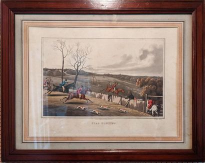 null Lot of colour engravings: "The pike fishing", "Stag hunting" (freckles), "Fox...